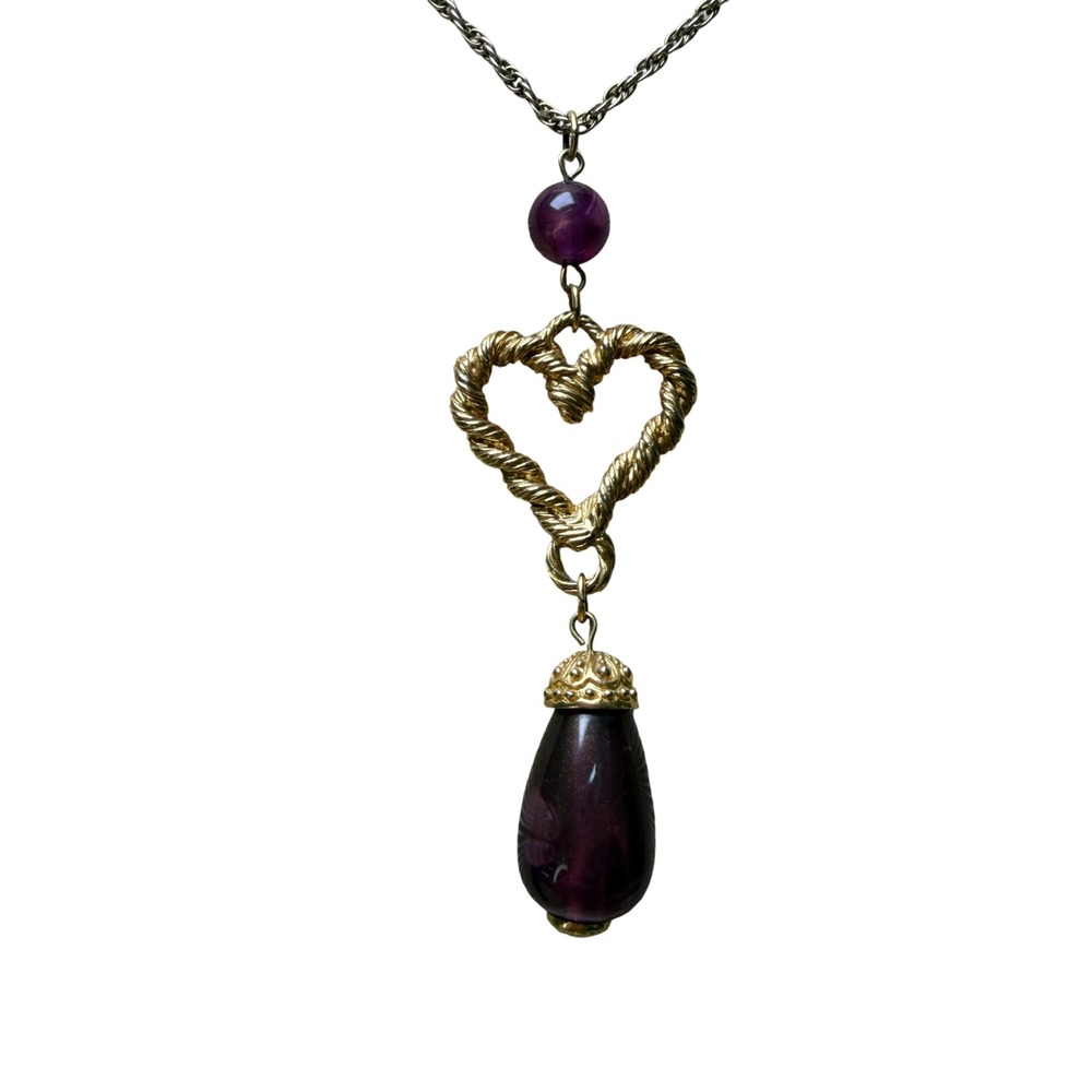 Avon Heart‎ Necklace Purple Gold Tone Statement Romantic Classic Elegant